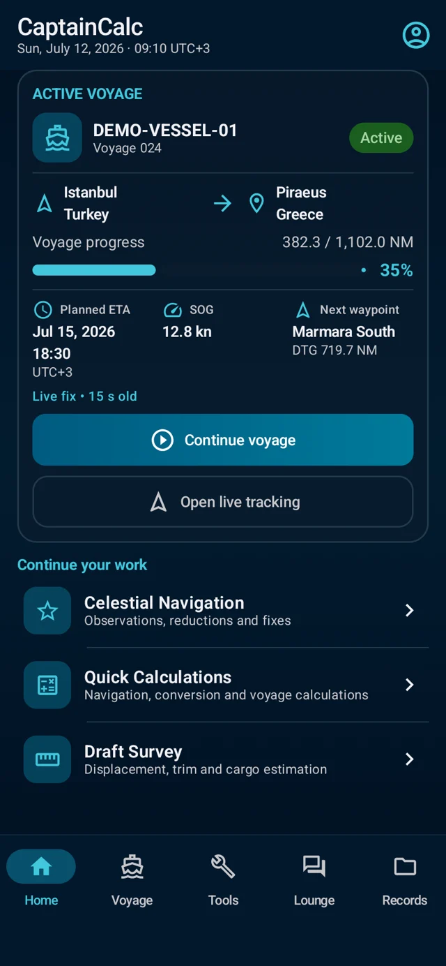 Aktif sefer ve profesyonel araçları gösteren CaptainCalc ana ekranı